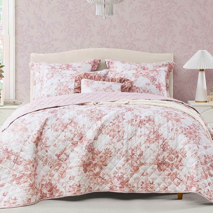 King Quilt Set-3 Pieces Soft Bedding Floral Reversible Coverlet | All Seasons by BLOOMHAVEN
