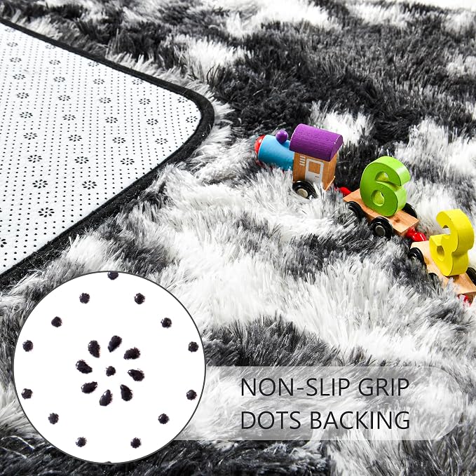 2x3 Tie-Dyed Black and White Fluffy Area Rug Non-Slip - Image 5