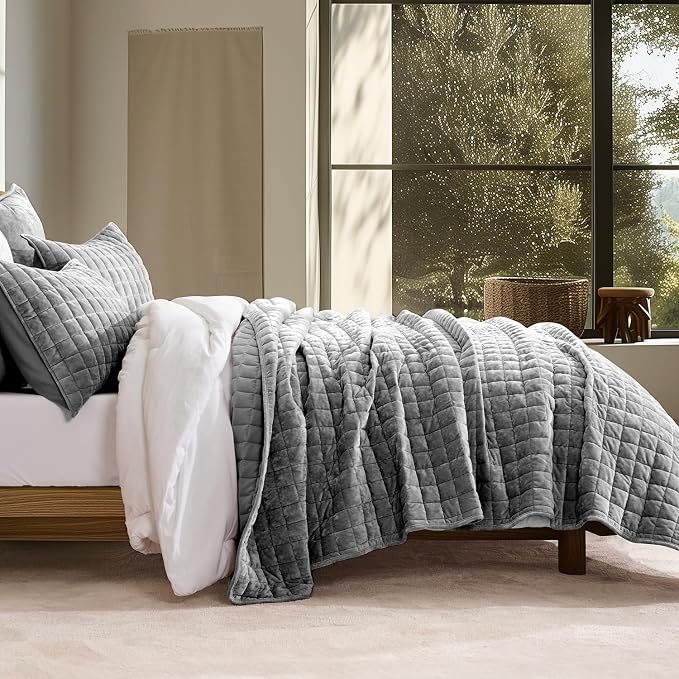 RECYCO Channel Box Stitch Velvet Quilt Set Twin/Twin XL Size, Charcoal Gray | by RECYCOHOMECOLLECTION