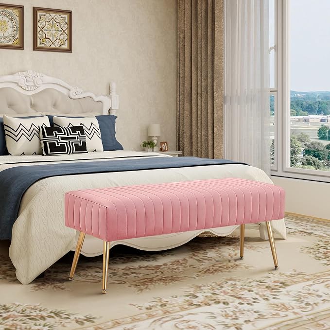 Furnimart 44 Inch Pink Velvet Ottoman Bench, Modern Upholstered Bedroom Benches - Image 9