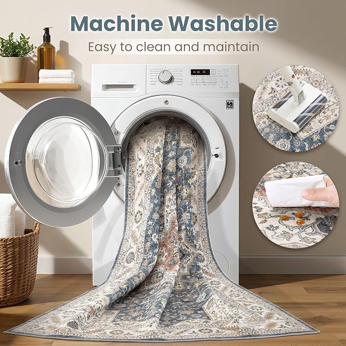 cotiled 3x5 Area Rug for Living Room, Traditional, Vintage Blue | Washable Soft - Image 5
