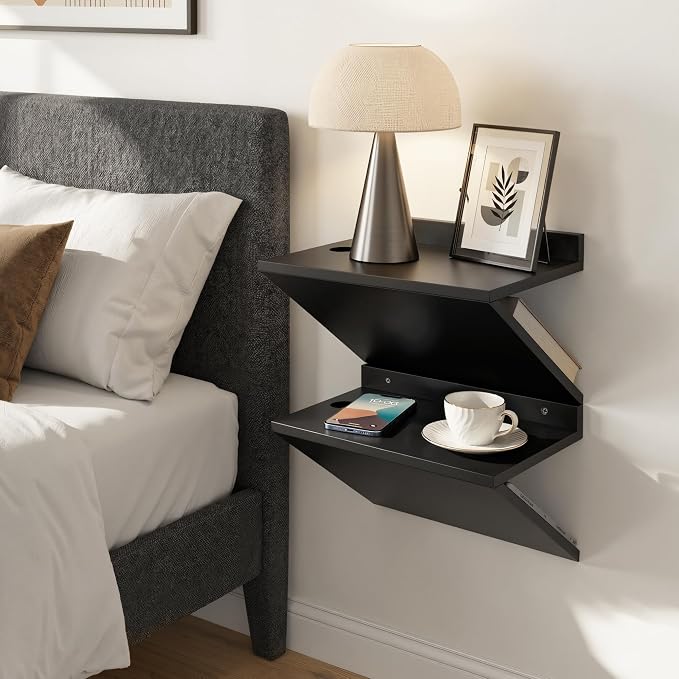 Floating Nightstand Set of 2 Black Wood Bedside Table Wall Mounted | Z-Shape - Image 6