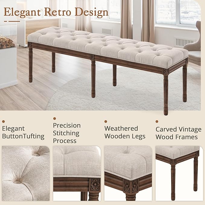 LUE BONA 60" Fabric End of Bed Bench, Upholstered Tufted French Bedroom Bench - Image 5