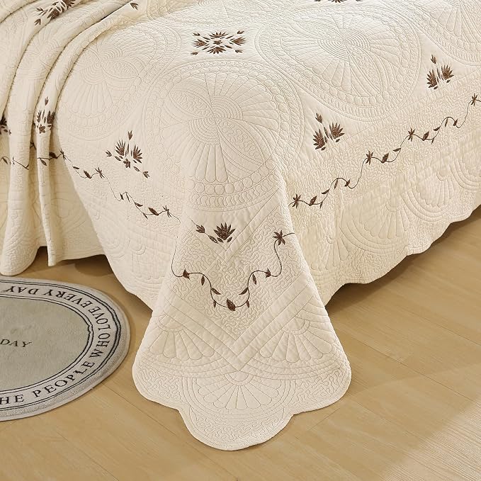 ROOMLIFE Quilt Set Full Size 3D Floral Embroidery Pattern 3-Piece Cotton | - Image 3