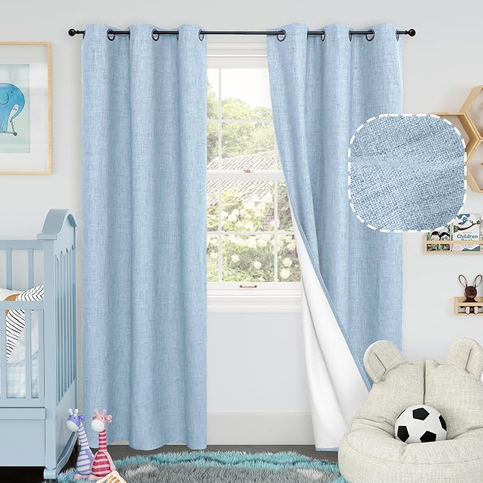 Baby Blue Linen Blackout Curtains 80 Inch Long Each 38 Wide 2 Panels | Thermal by Lajode