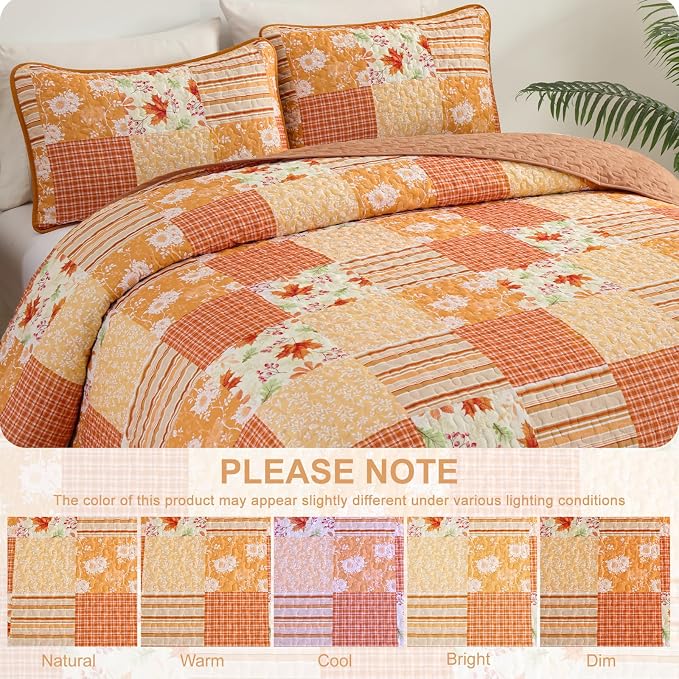 Mybedsoul Orange Quilt Set King Size Quilt Bedding Set, 3 Pieces Floral - Image 2