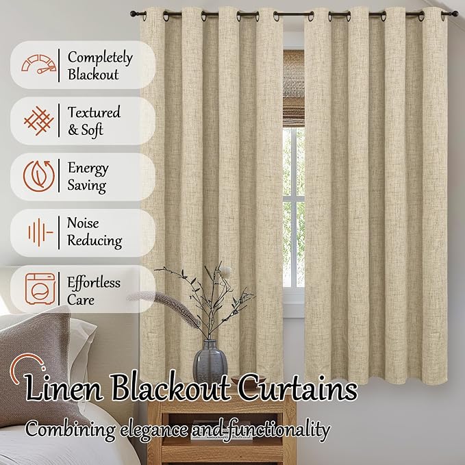 Burlap Linen Blackout Curtains 63 Inch Long Each 60 Wide 2 Panels | Thermal - Image 2