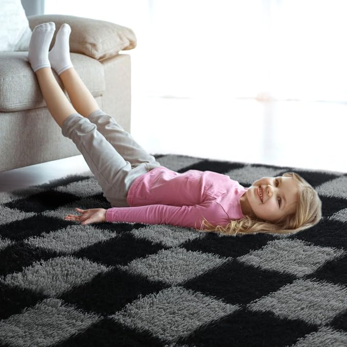 KICMOR Rugs for Living Room 5x7 Black and Grey, Soft Fluffy Checkered Shag Area - Image 9
