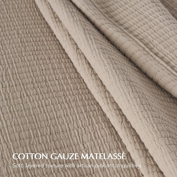 EVERGRACEHOME Cotton Gauze Matelassé Coverlet, Queen Size, Khaki Tan | Ultra - Image 3