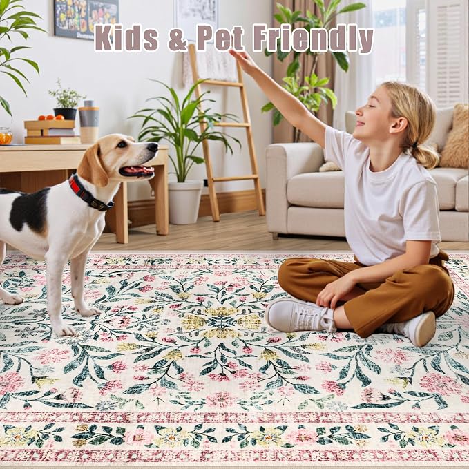 PLHXFR Area Rug 9x12 Living Room: Floral Washable Boho Carpet Pink Green | - Image 7