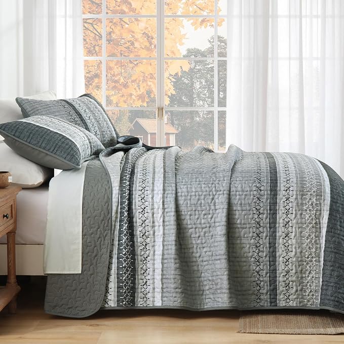Cottolester Gery Quilt Set Full, Soft Striped Texture Bedspread Coverlet Set | - Image 3
