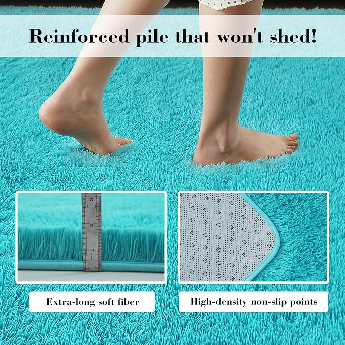 Teal Blue 3x5 Area Rugs for Bedroom, Fluffy Rug Small Carpet Bedside Rug | - Image 4