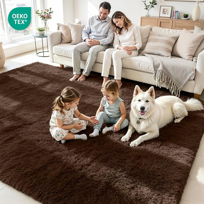 8x10 Fluffy Area Rug for Living Room: Soft Non-Slip Brown Bedroom Carpet | - Image 4
