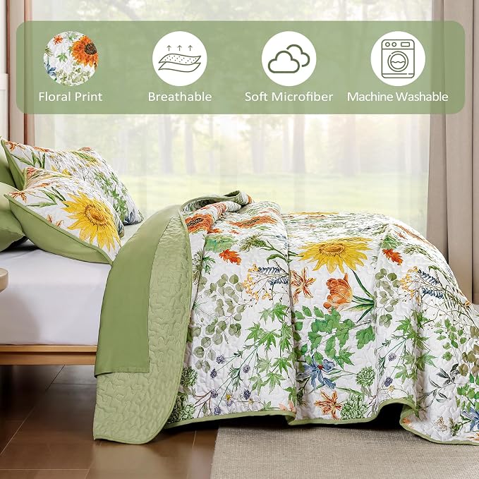 Yiran Sage Green Full Size Quilt, Sunflower Floral Bedspread Bedding Set | 3 - Image 6