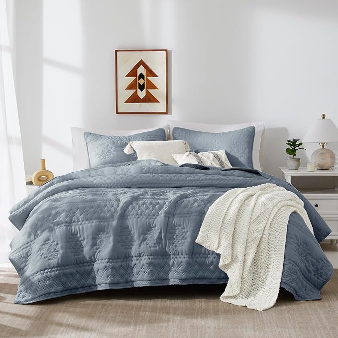 WDCOZY Boho Blue Grey Quilts Queen Size Bedding Sets by WDCOZY