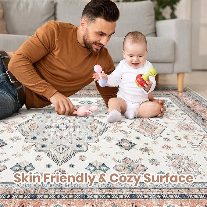 cotiled 6x9 Area Rug for Living Room, Traditional, Coral Pink | Soft Distressed - Image 3
