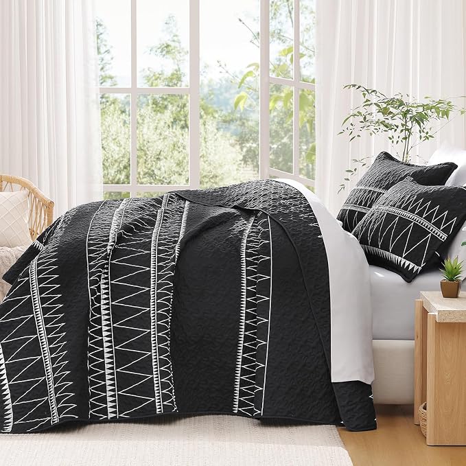 Black Twin Quilt Set, 2 Pieces Boho Lightweight Striped Bedspread | Soft Black - Image 7