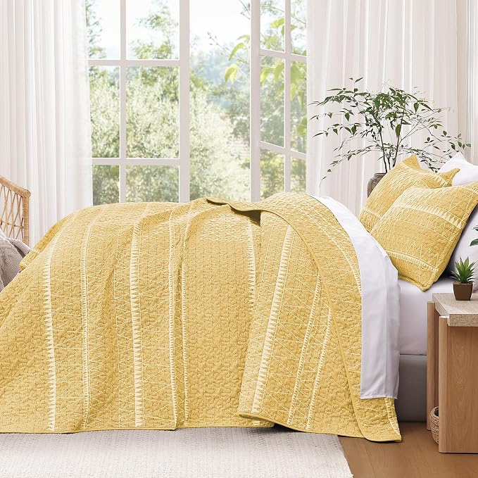 Yellow King Size Quilt Set, 3 Pieces Boho Striped Bedspread | Soft Lightweight - Image 7