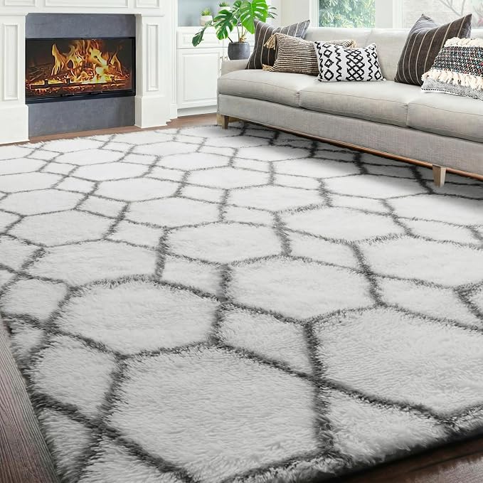 8x10 Area Rugs for Living Room, Fluffy White and Grey Rug for Bedroom, - Image 9