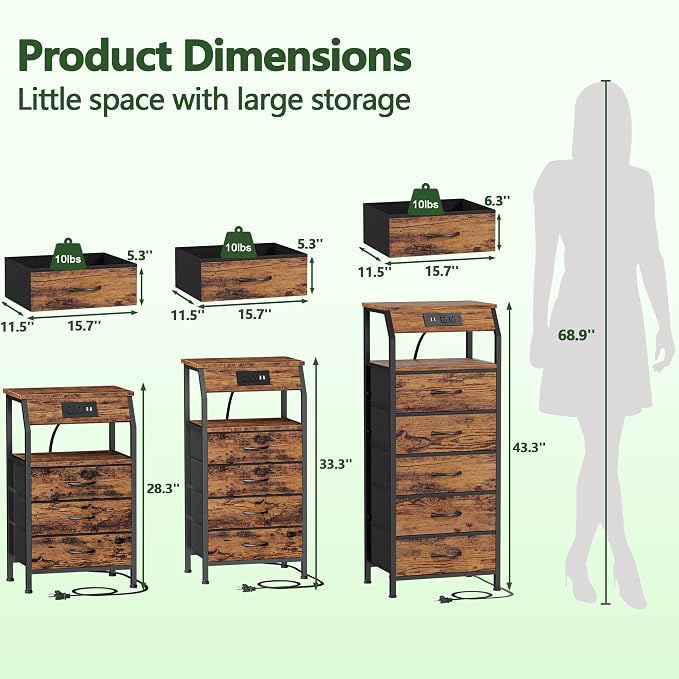 5 Drawers Dresser with Charging Station, Tall Nightstand, Fabric Chest of - Image 9