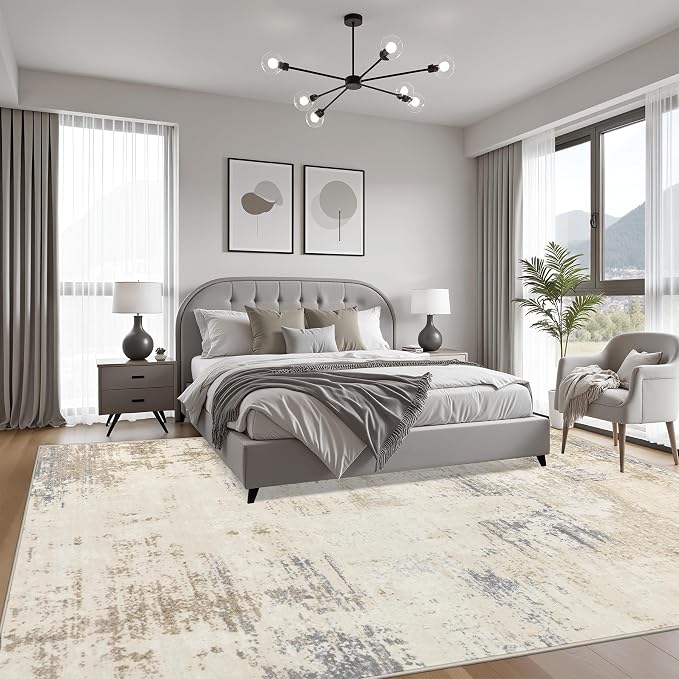 6x9 Area Rug Living Room: Modern Washable Soft Carpet Beige Brown | - Image 9