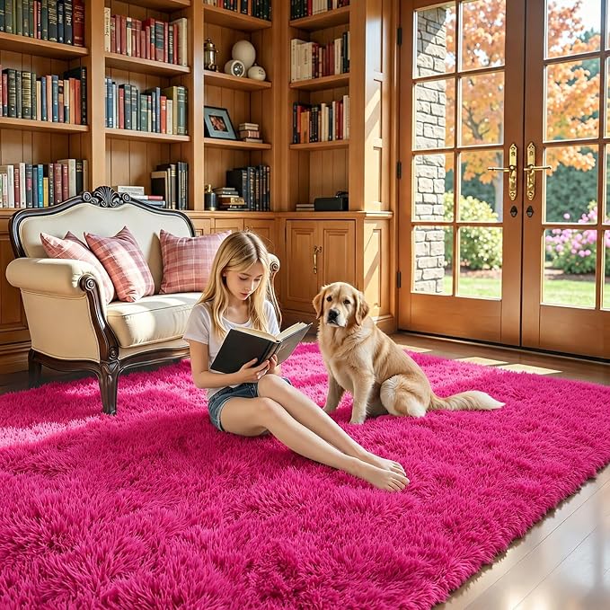 4x6 Area Rugs for Bedroom, Hot Pink Soft Fluffy Shag Bedside Rugs | Non-Slip - Image 7