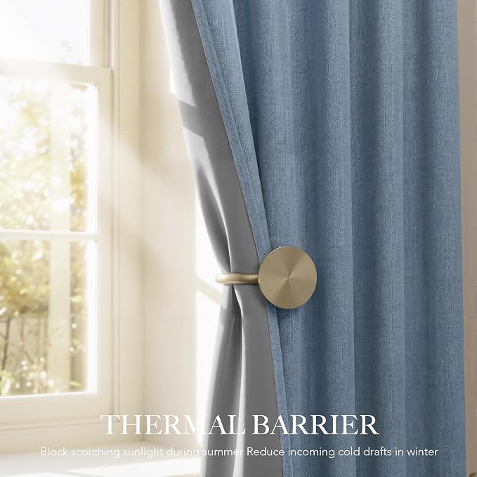 RYB HOME Smoky Blue 100% Blackout Linen Curtains 72 Inch Long - Image 3