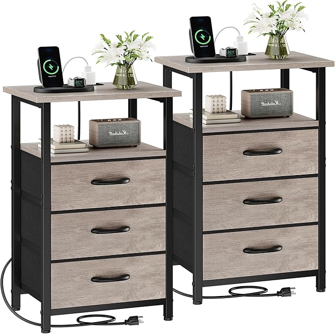 Nightstand Set of 2 with Charging Station, Bedside Table with USB Ports and by Vagusicc