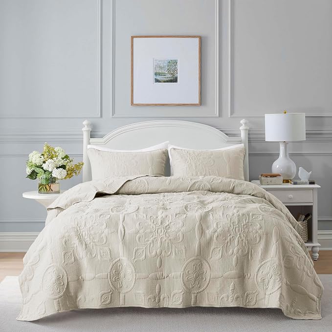Light Beige Damask Quilt King Size Bedding Sets by B2EVER