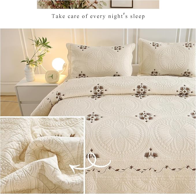 ROOMLIFE Quilt Set Full Size 3D Floral Embroidery Pattern 3-Piece Cotton | - Image 7