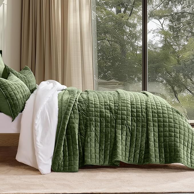 RECYCO Channel Box Stitch Velvet Quilt Set, Full Queen Size, Loden Green | - Image 2