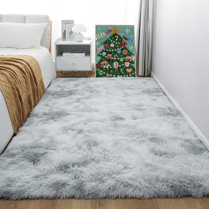 4x6 Light Grey Fluffy Shag Rug for Bedroom, Plush Washable Carpet | Area Rug by KICHOWUA