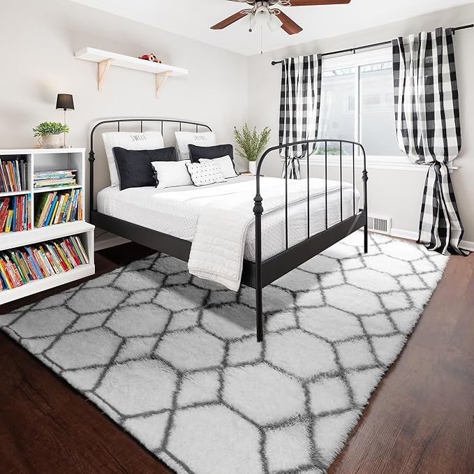 Area Rugs for Living Room, 7x10 Fluffy White and Grey Rug for Bedroom, - Image 8