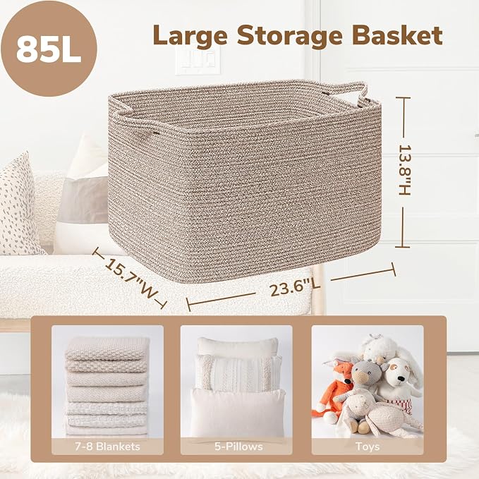Goodpick 85L Large Woven Rope Blanket Basket, Toys & Clothes, Living Room & - Image 3