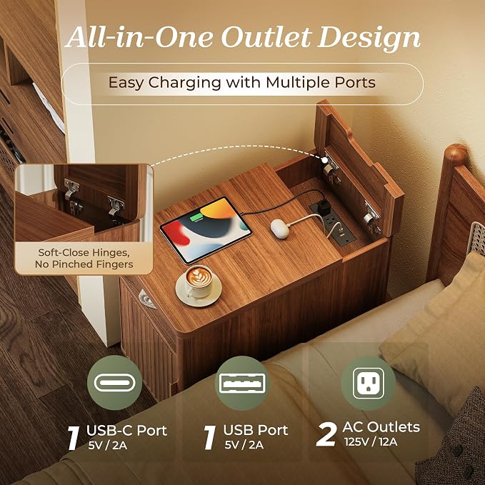 Huuger Narrow Nightstand with Charging Station, USB-C Port | Set of 2 Night - Image 4