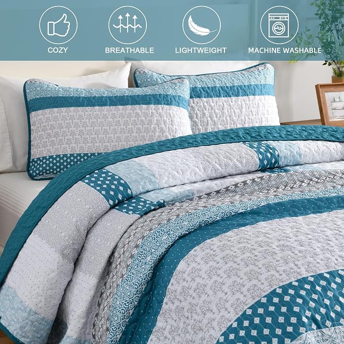 WONGS BEDDING Teal Blue Queen Size Quilt Set, Boho Striped Bedspread | 3 Pieces - Image 5