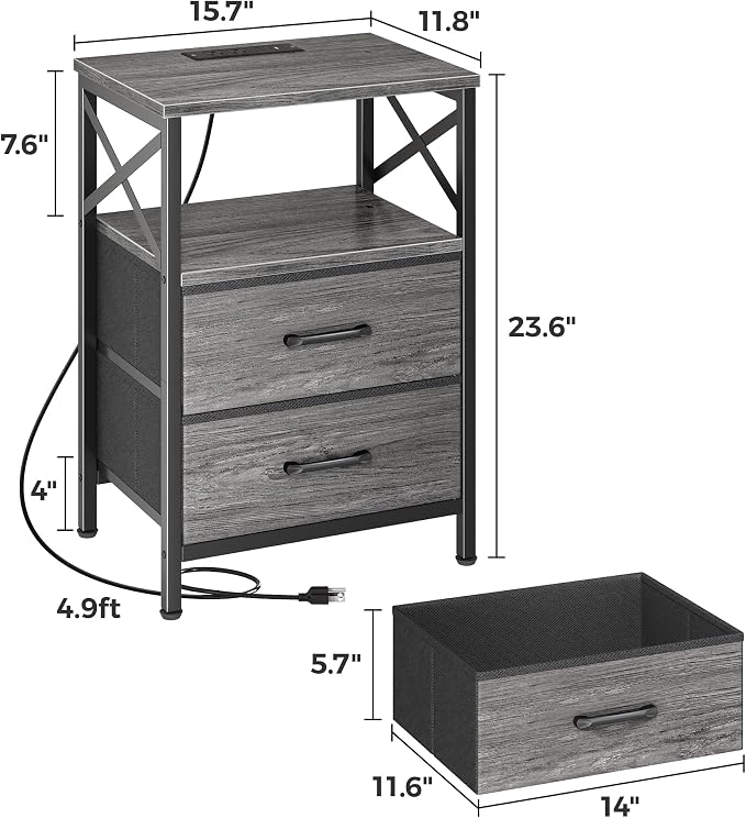 Huuger Night Stand with Charger Station, USB-C Port, End Table | 2 Drawer - Image 3