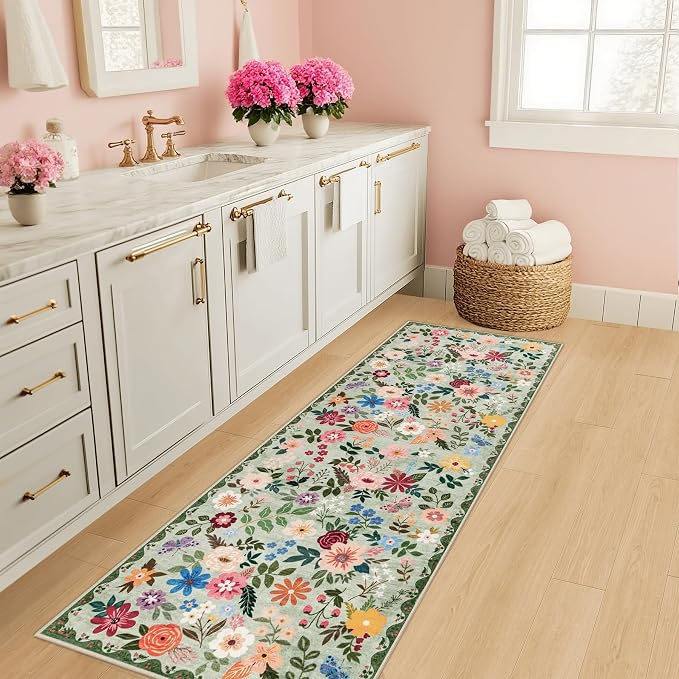 PLHXFR 2x6 Washable Runner Rug：Floral Indoor Kitchen Soft Carpet Green | - Image 5