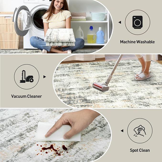 8x10 Area Rugs for Living Room: Washable Abstract Grey Brown Badroom Carpet | - Image 5