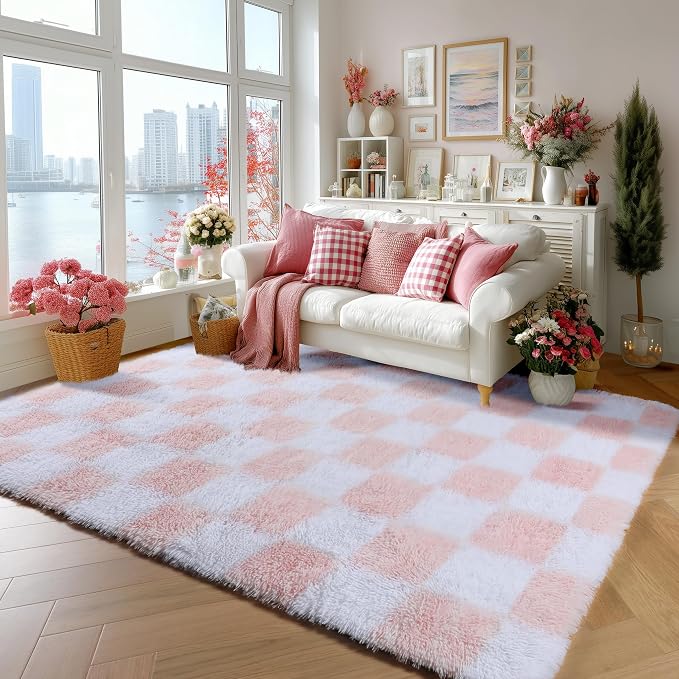 KICMOR 5x7 Area Rugs for Living Room, Fluffy Soft Light Pink and White by KICMOR