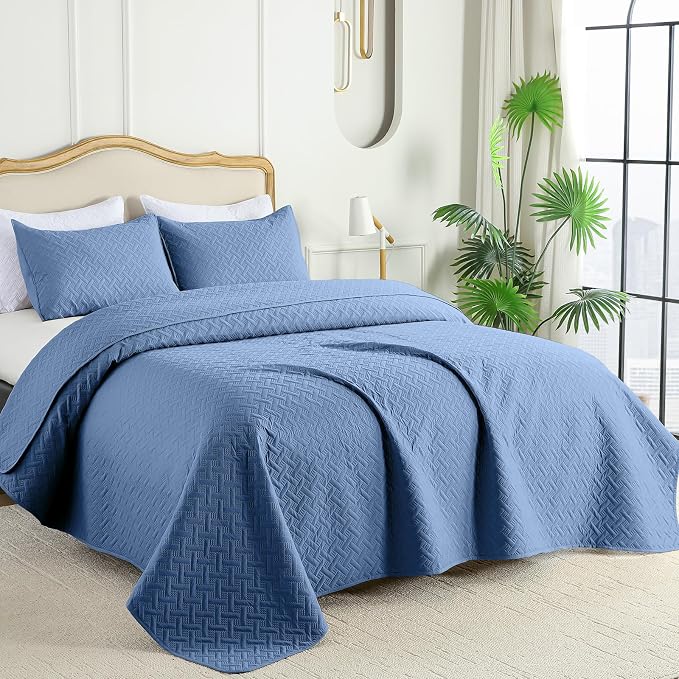 FLYMME Bluish Grey Full/Queen Quilt Bedspreads, Modern Style Geometric Weave - Image 2