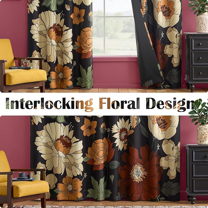 jinchan Black Boho Floral Blackout Curtains 63 Inch Grommet 2 Panels | Room - Image 5