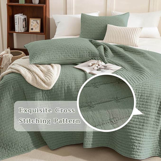 CozyTide Olive Green Oversized King Bedspread 120x120, Stone-Washed Cotton - Image 3