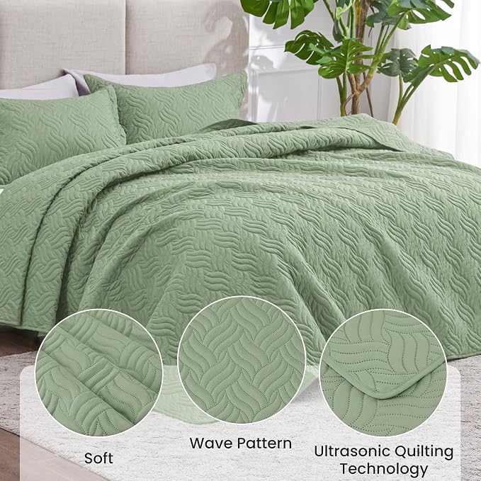 Love's cabin California King Size Quilt Bedding Set Sage Bedspread - Image 4