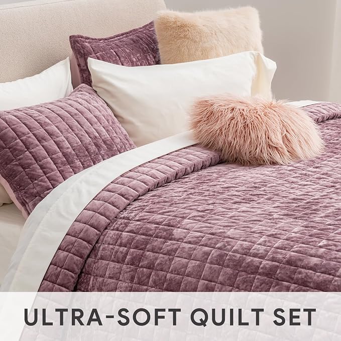 RECYCO Channel Box Stitch Velvet Quilt Set, Queen Size, Dusty Mauve Pink | - Image 5