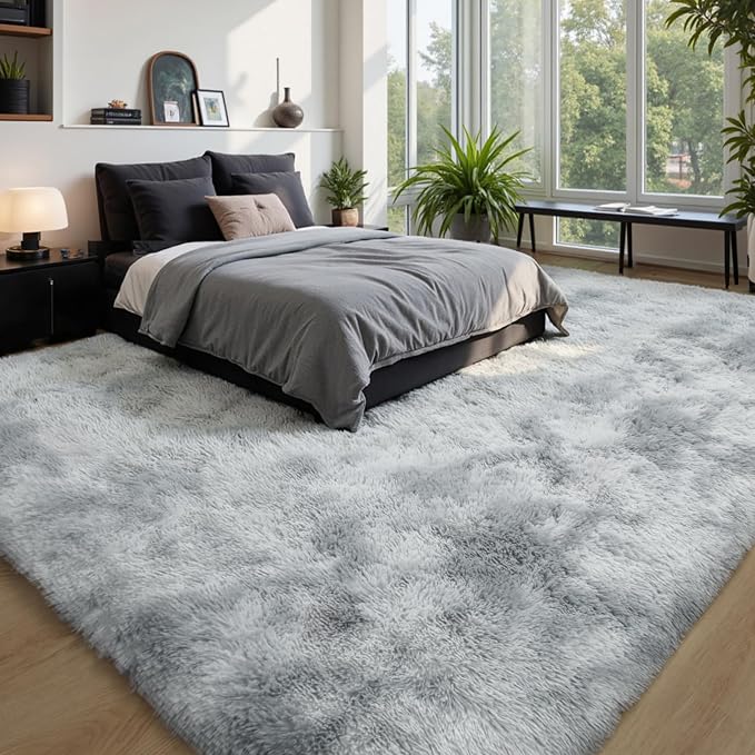Grey Fluffy 8x10 Area Rug, Tie-Dye Light Gray Soft Washable Shag Carpet | Cute - Image 6