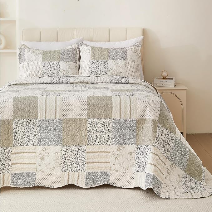 Cmfshape Summer Floral King Quilt Set, Reversible Quilted Bedspread - Image 2