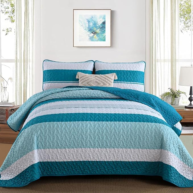 Dinjoy Queen Boho Striped Quilt Set, Teal Lightweight Bedspread Bedding | Soft by DINJOY