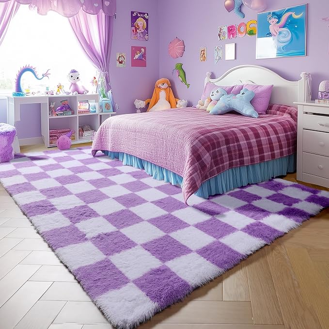 KICMOR Purple Rugs for Living Room Bedroom, 5x7 Fluffy Soft Checkered Area Rug - Image 3