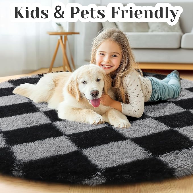 KICMOR Round Rugs 6ft Black and Grey Circle Area Rug, Fluffy Soft Fuzzy Shag - Image 4
